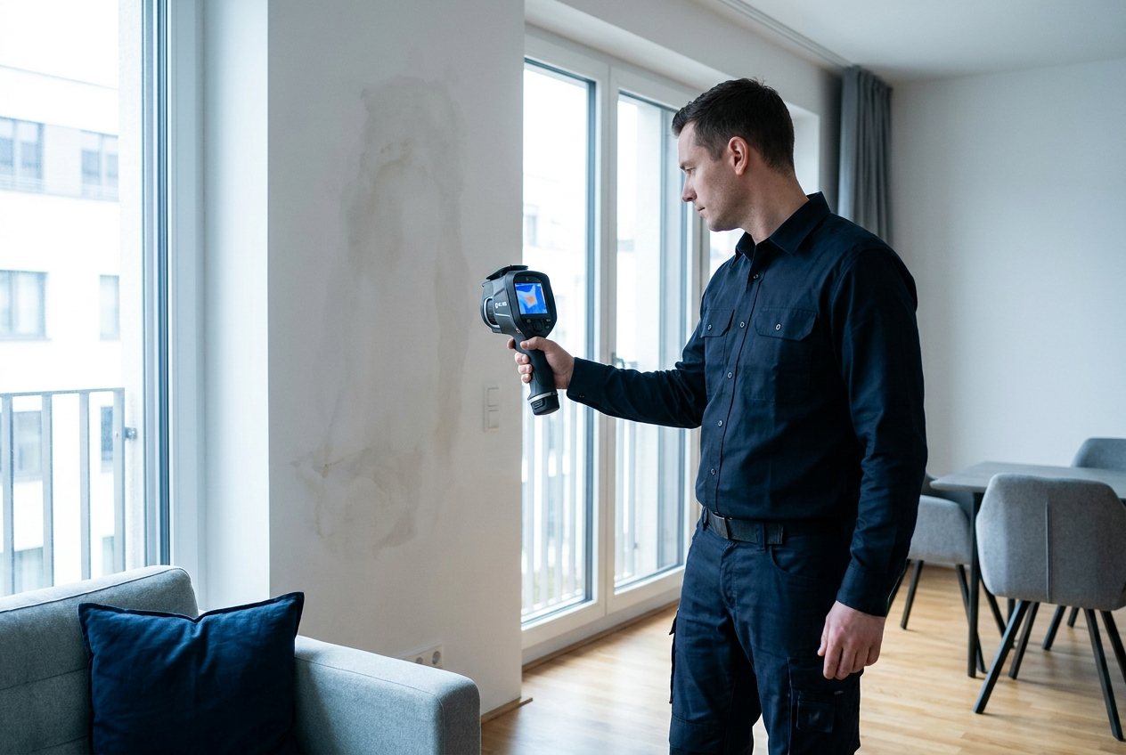 Techniker ortet mit Wärmebildkamera verdeckte Feuchtigkeit an einer Wand